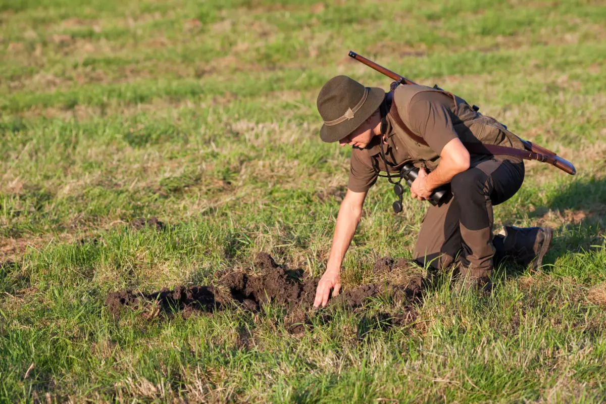 Ein Jäger in brauner Kleidung untersucht eine Erdgrube auf einer Wiese. Er trägt eine Flinte über der Schulter und ist in einer gebückten Haltung.