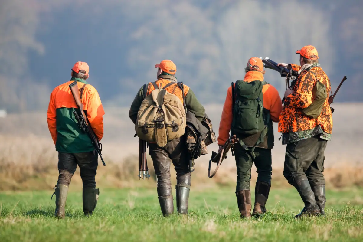 Vier Jäger in orangenen und grünen Jacken gehen in einer Linie über ein offenes Feld, alle tragen Flinten und Jagdausrüstung.